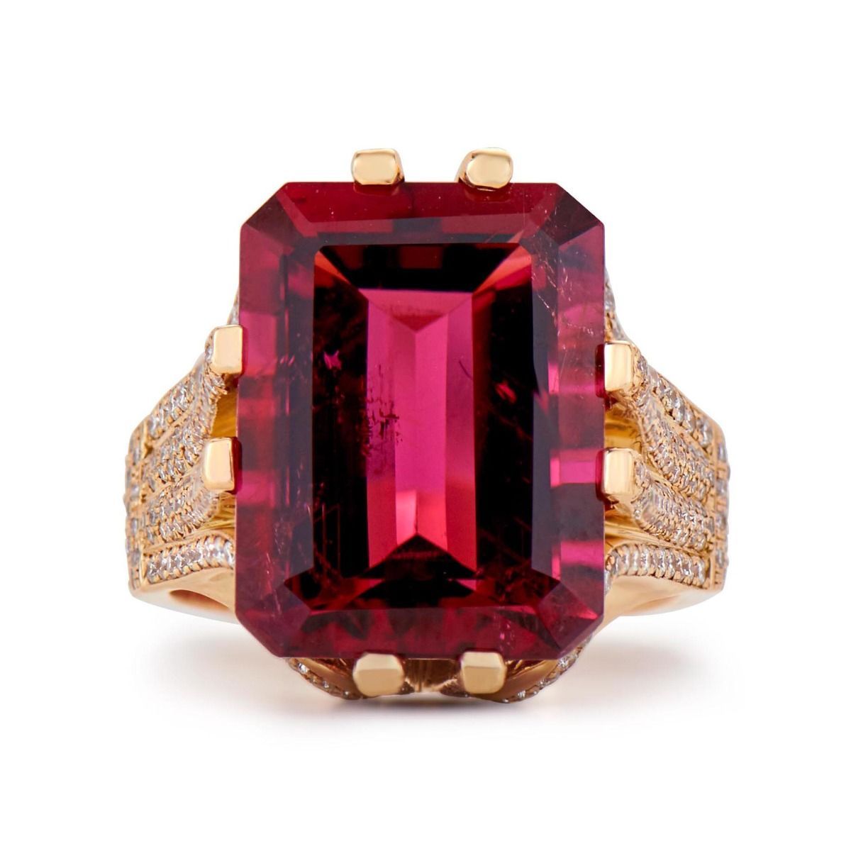 RUBELLITE, DIAMOND, 18K YELLOW GOLD RING