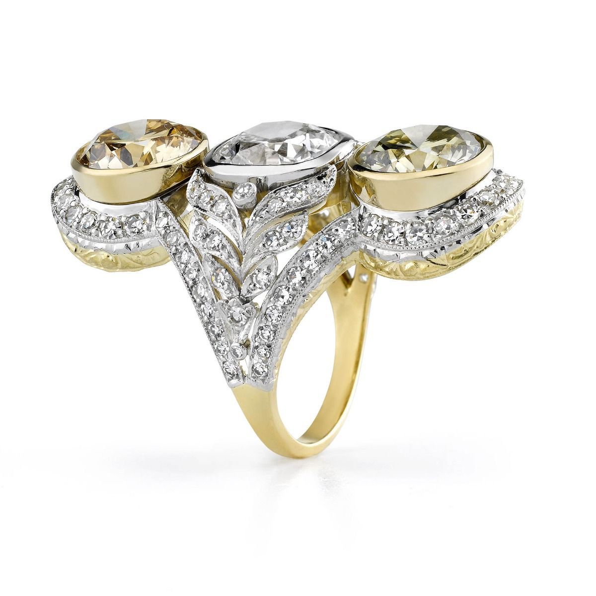 FANCY COLOR DIAMOND, PLATINUM, GOLD THREE STONE RING