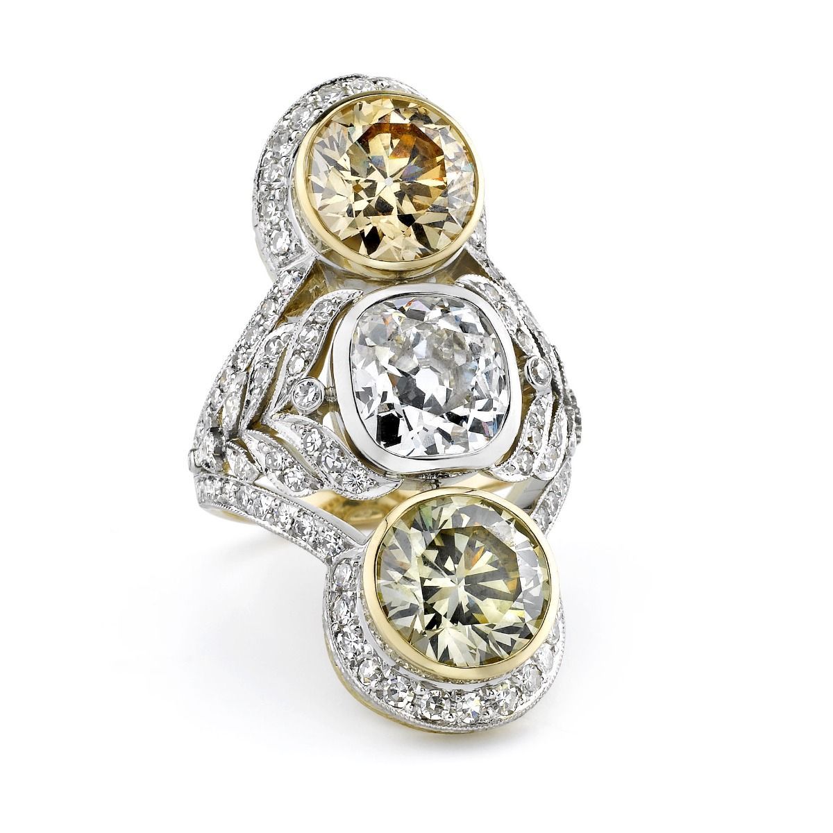 FANCY COLOR DIAMOND, PLATINUM, GOLD THREE STONE RING