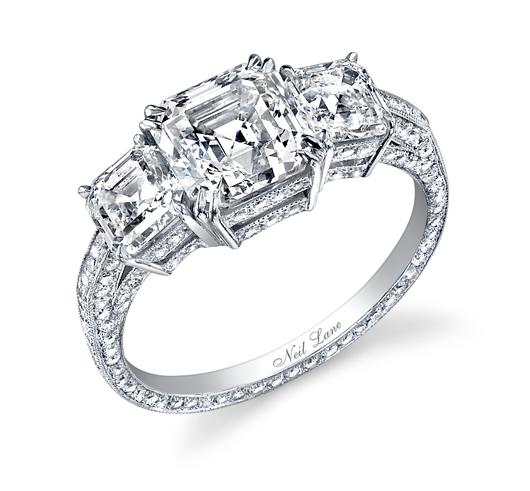 NEIL LANE "THREE STONE" SQUARE EMERALD CUT DIAMOND, PLATINUM RING