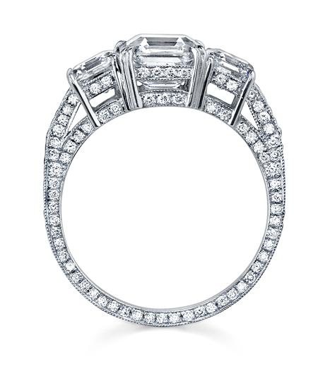 NEIL LANE "THREE STONE" SQUARE EMERALD CUT DIAMOND, PLATINUM RING