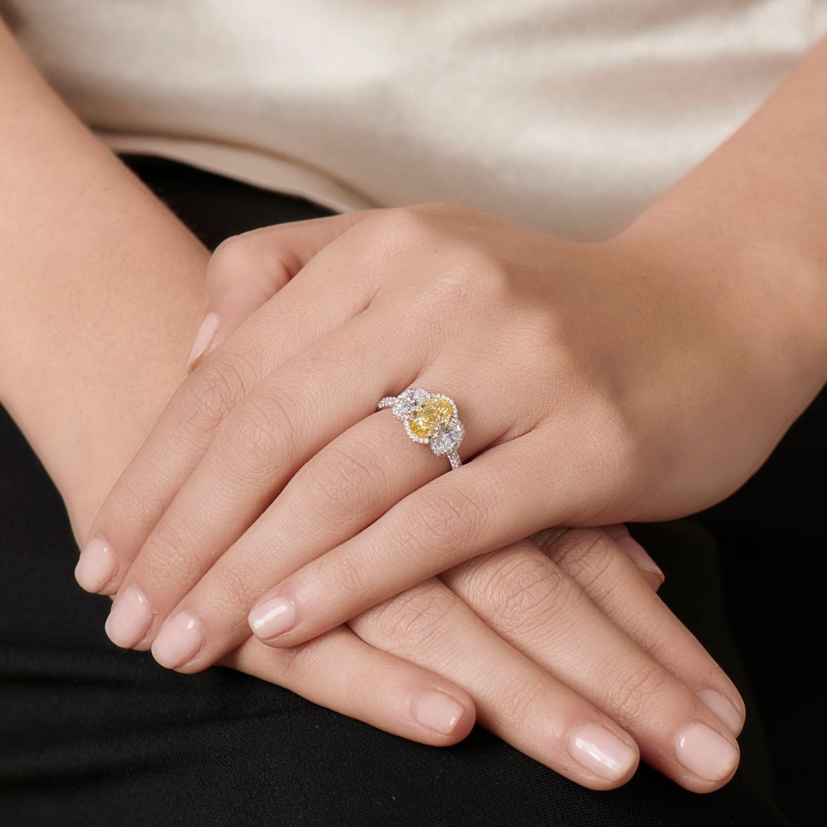 YELLOW & WHITE DIAMOND THREE STONE PLATINUM RING