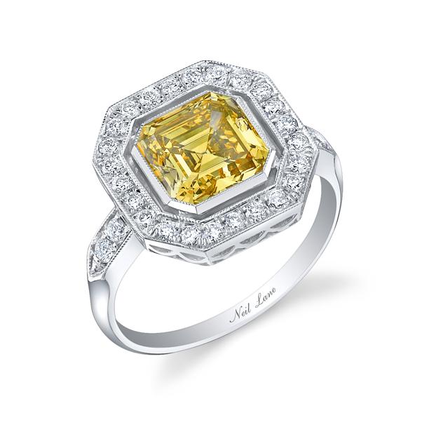 NEIL LANE FANCY YELLOW COLOR SQUARE EMERALD-CUT DIAMOND, PLATINUM RING