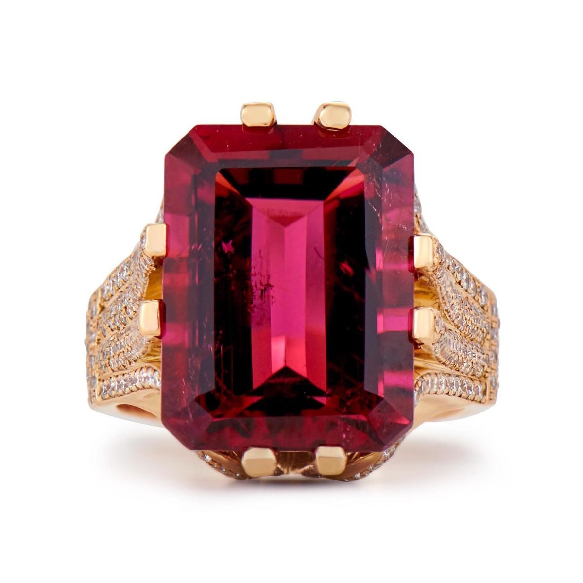 RUBELLITE, DIAMOND, 18K YELLOW GOLD RING