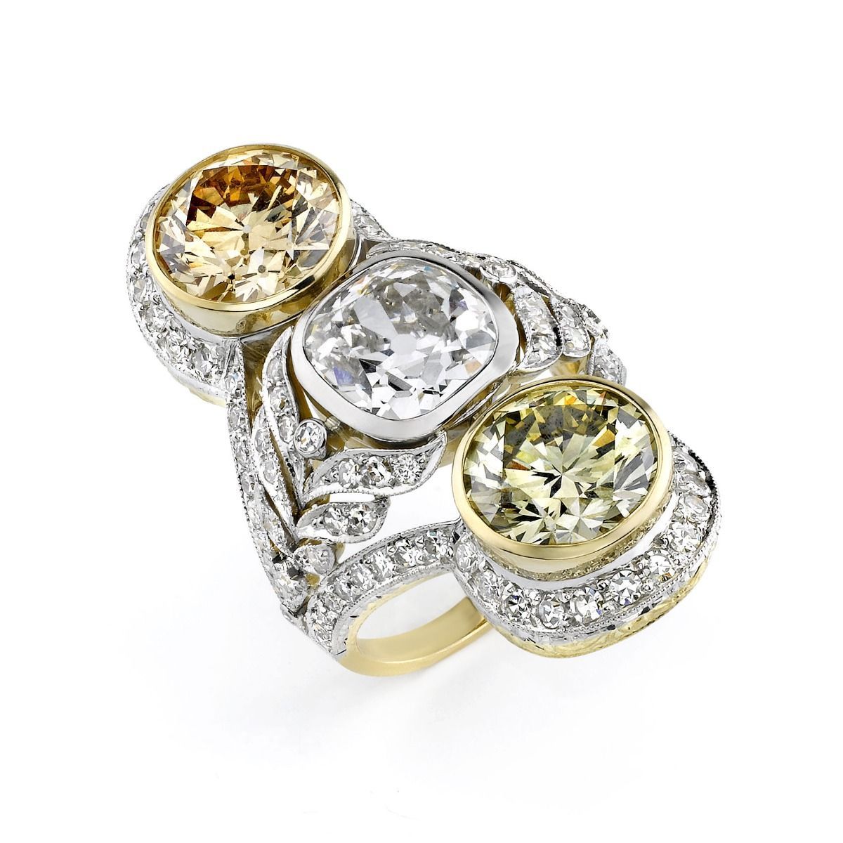 FANCY COLOR DIAMOND, PLATINUM, GOLD THREE STONE RING