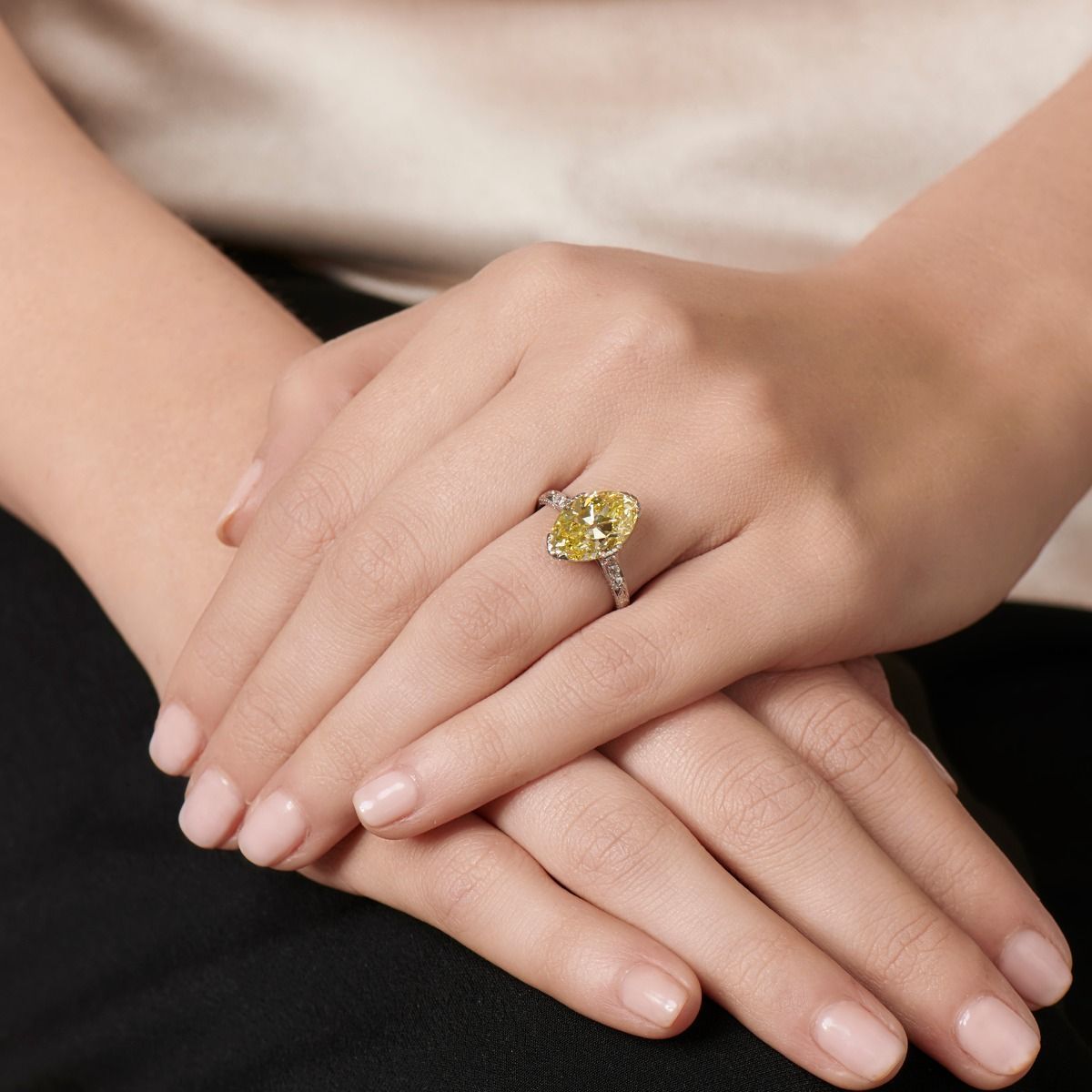 EDWARDIAN FANCY INTENSE YELLOW DIAMOND, PLATINUM RING