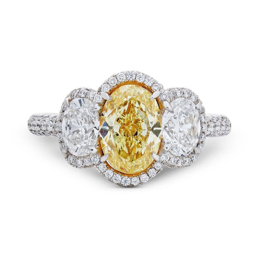 YELLOW & WHITE DIAMOND THREE STONE PLATINUM RING