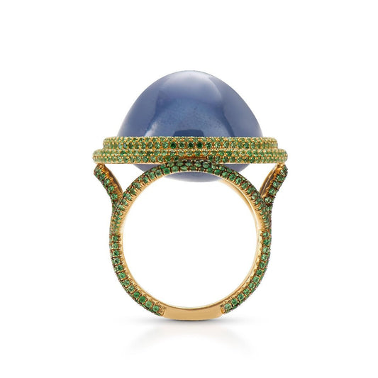 CEYLON STAR SAPPHIRE, TSAVORITE GARNET, 18K GOLD RING