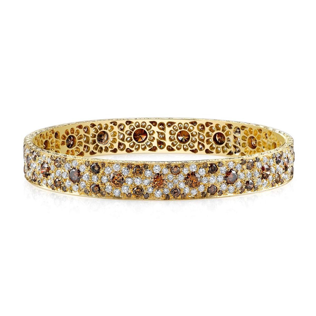 FLORAL COLORED DIAMOND, 18K YELLOW GOLD BANGLE BRACELET