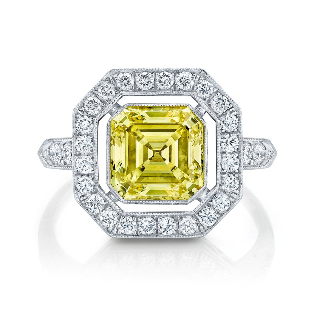 NEIL LANE FANCY YELLOW COLOR SQUARE EMERALD-CUT DIAMOND, PLATINUM RING