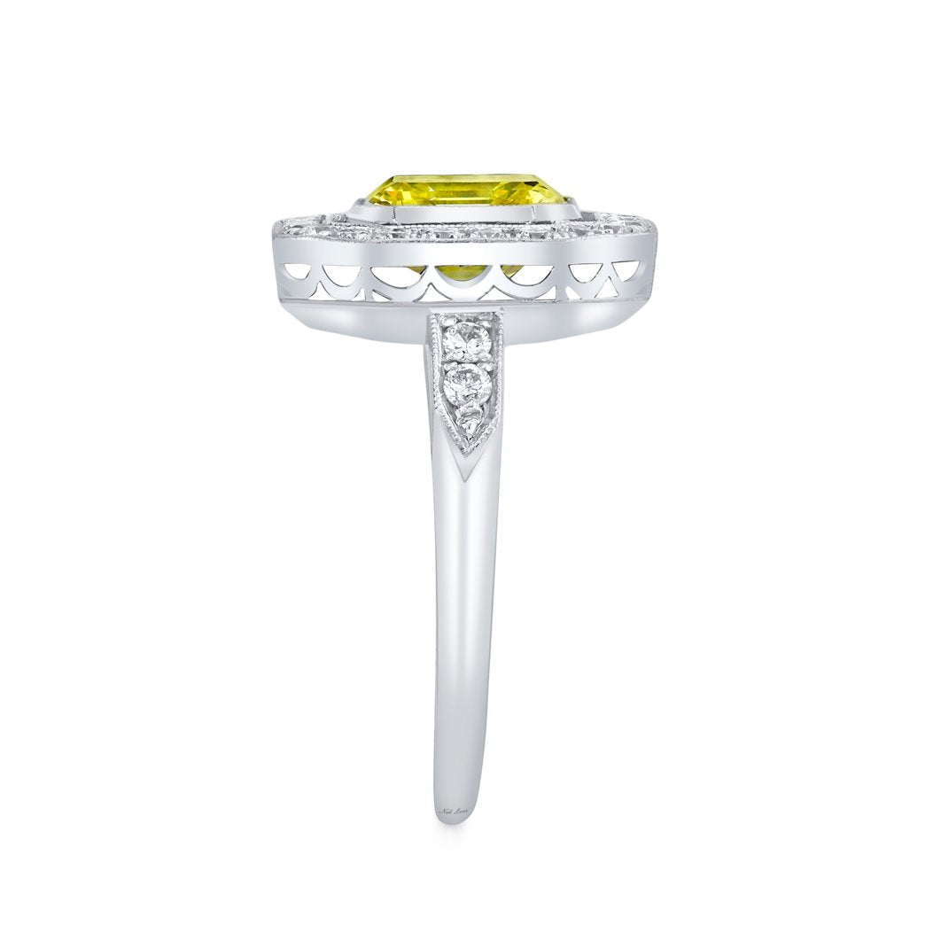 NEIL LANE FANCY YELLOW COLOR SQUARE EMERALD-CUT DIAMOND, PLATINUM RING