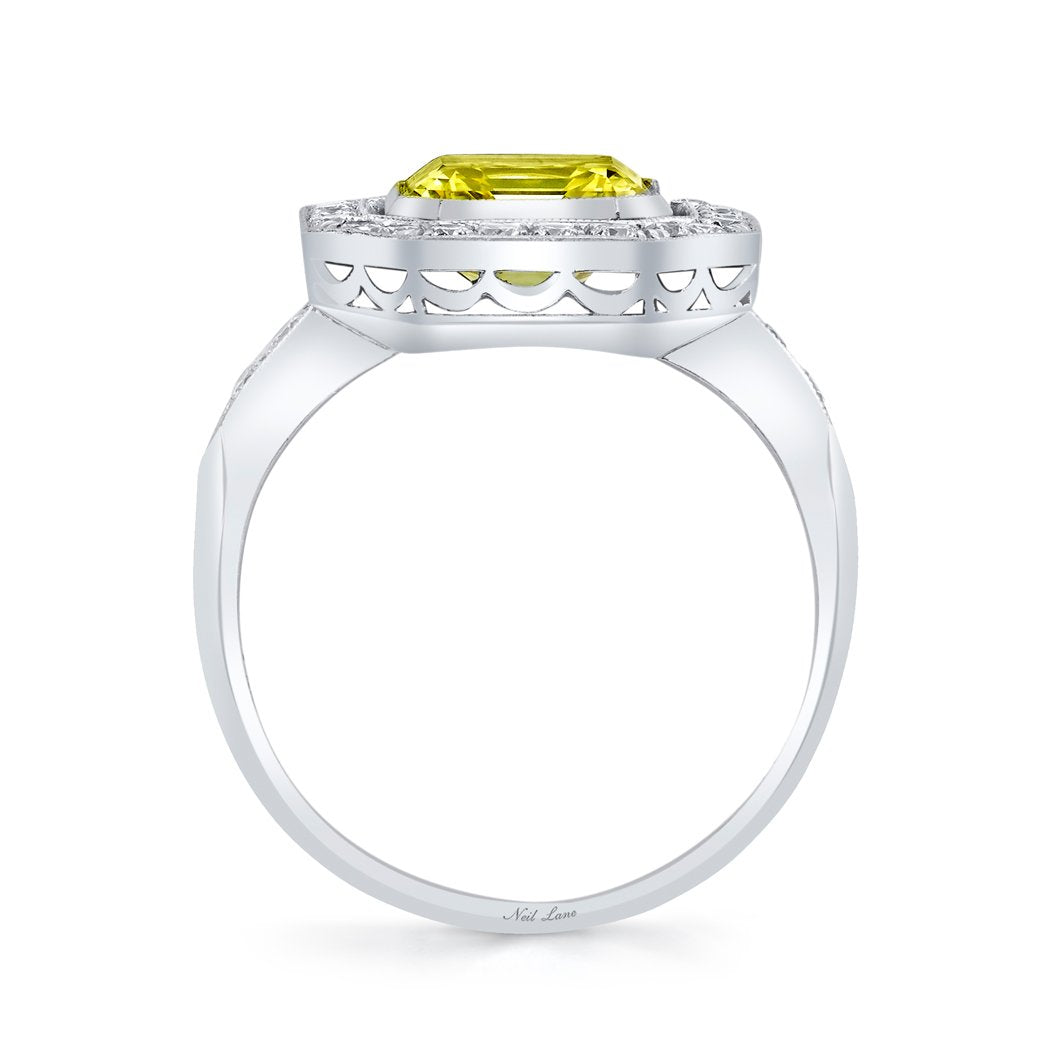 NEIL LANE FANCY YELLOW COLOR SQUARE EMERALD-CUT DIAMOND, PLATINUM RING