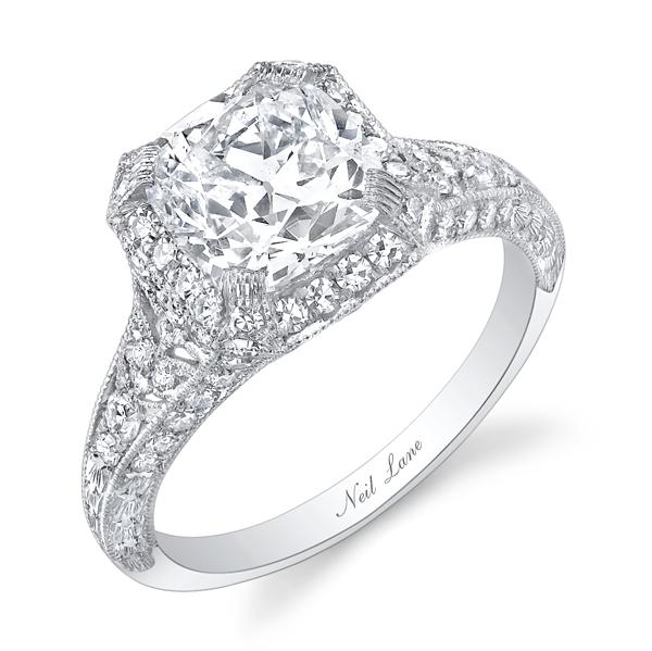 NEIL LANE CUSHION CUT DIAMOND, PLATINUM RING