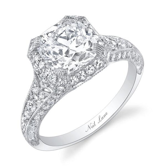 NEIL LANE CUSHION CUT DIAMOND, PLATINUM RING