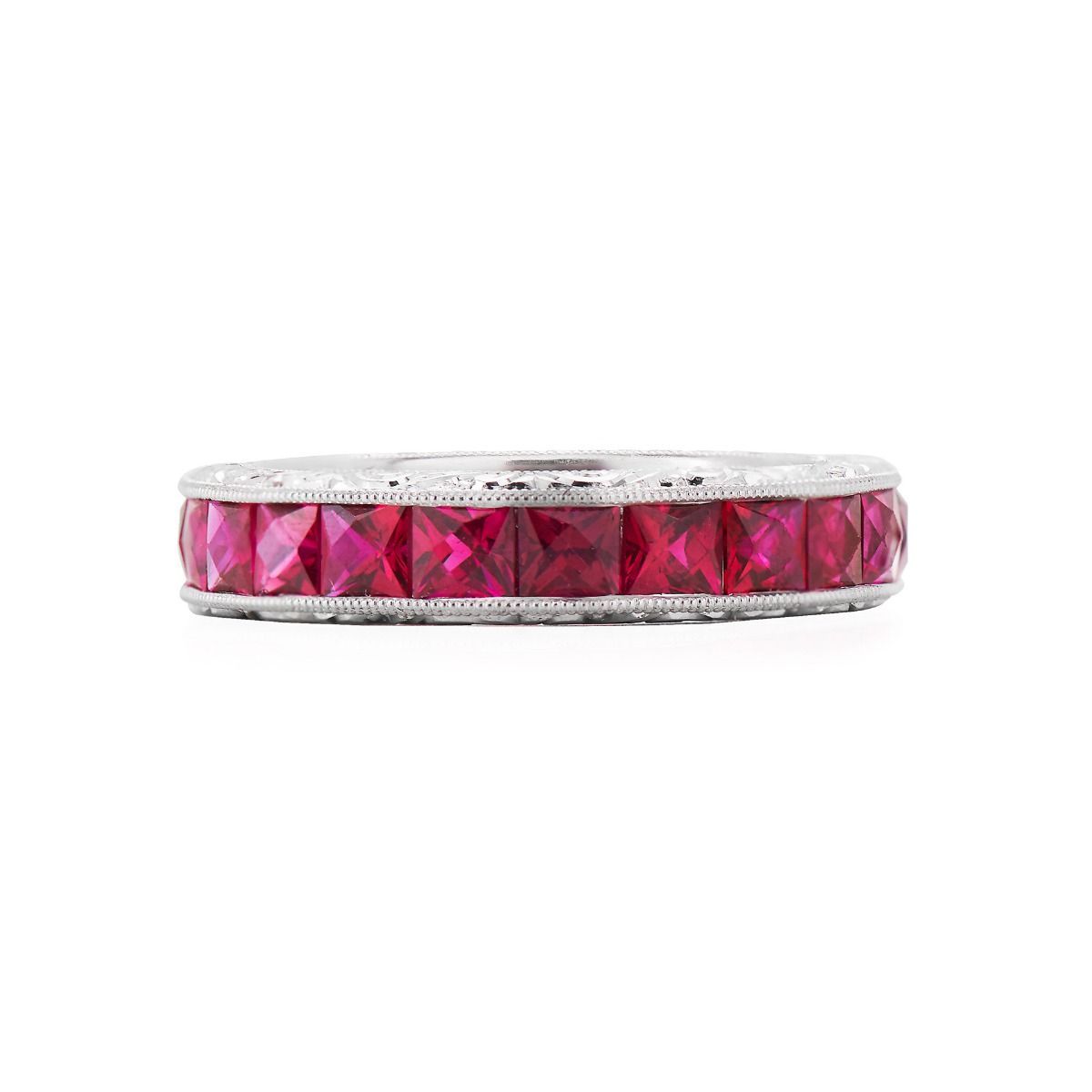 FRENCH-CUT RUBY, PLATINUM ETERNITY BAND