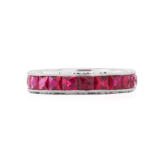 FRENCH-CUT RUBY, PLATINUM ETERNITY BAND