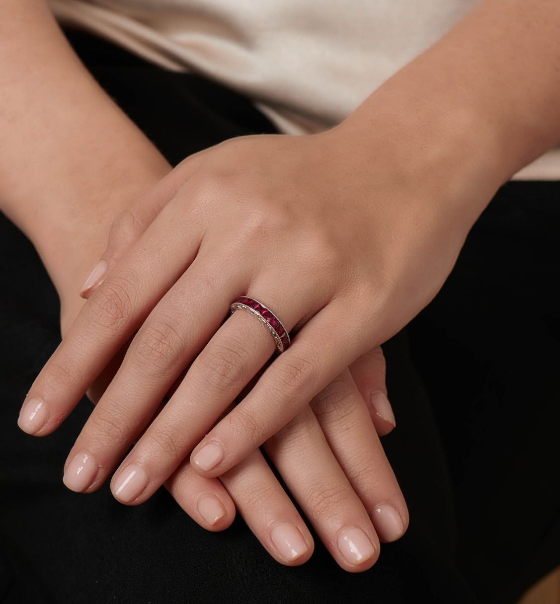 FRENCH-CUT RUBY, PLATINUM ETERNITY BAND