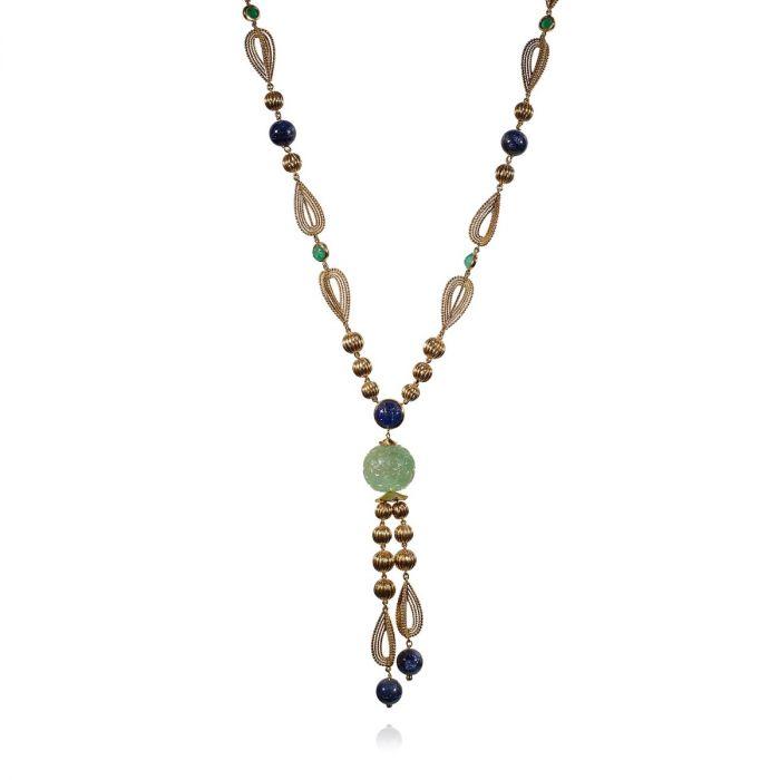 MID-CENTURY FRENCH EMERALD, SAPPHIRE, 18K GOLD TORSADE NECKLACE