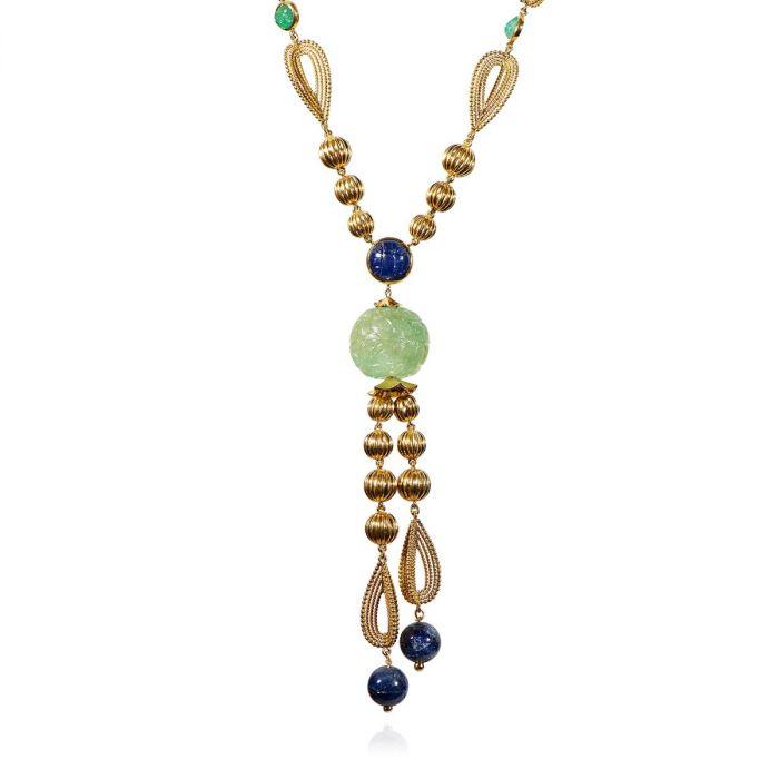 MID-CENTURY FRENCH EMERALD, SAPPHIRE, 18K GOLD TORSADE NECKLACE