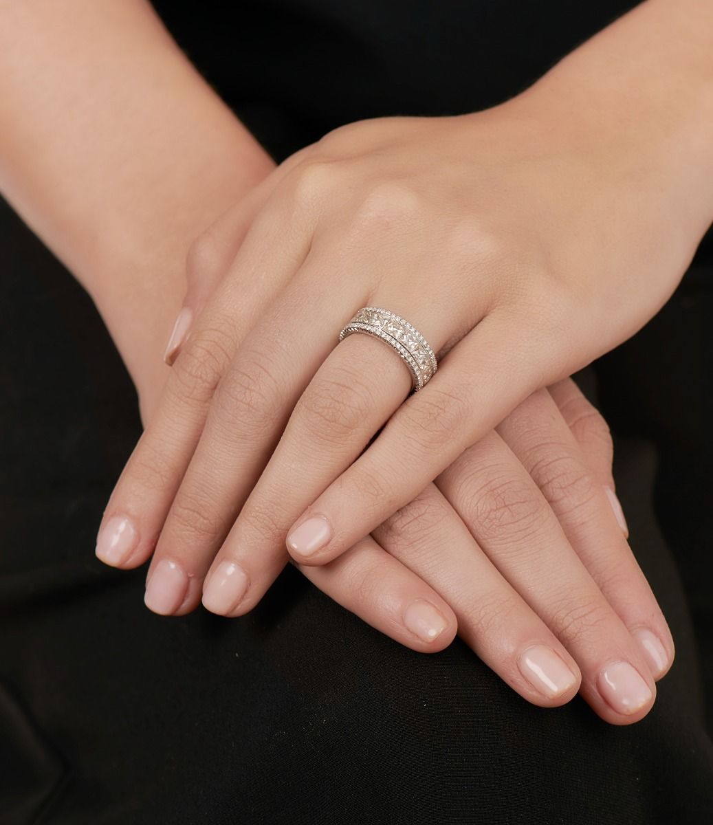 FRENCH-CUT DIAMOND, PLATINUM ETERNITY BAND