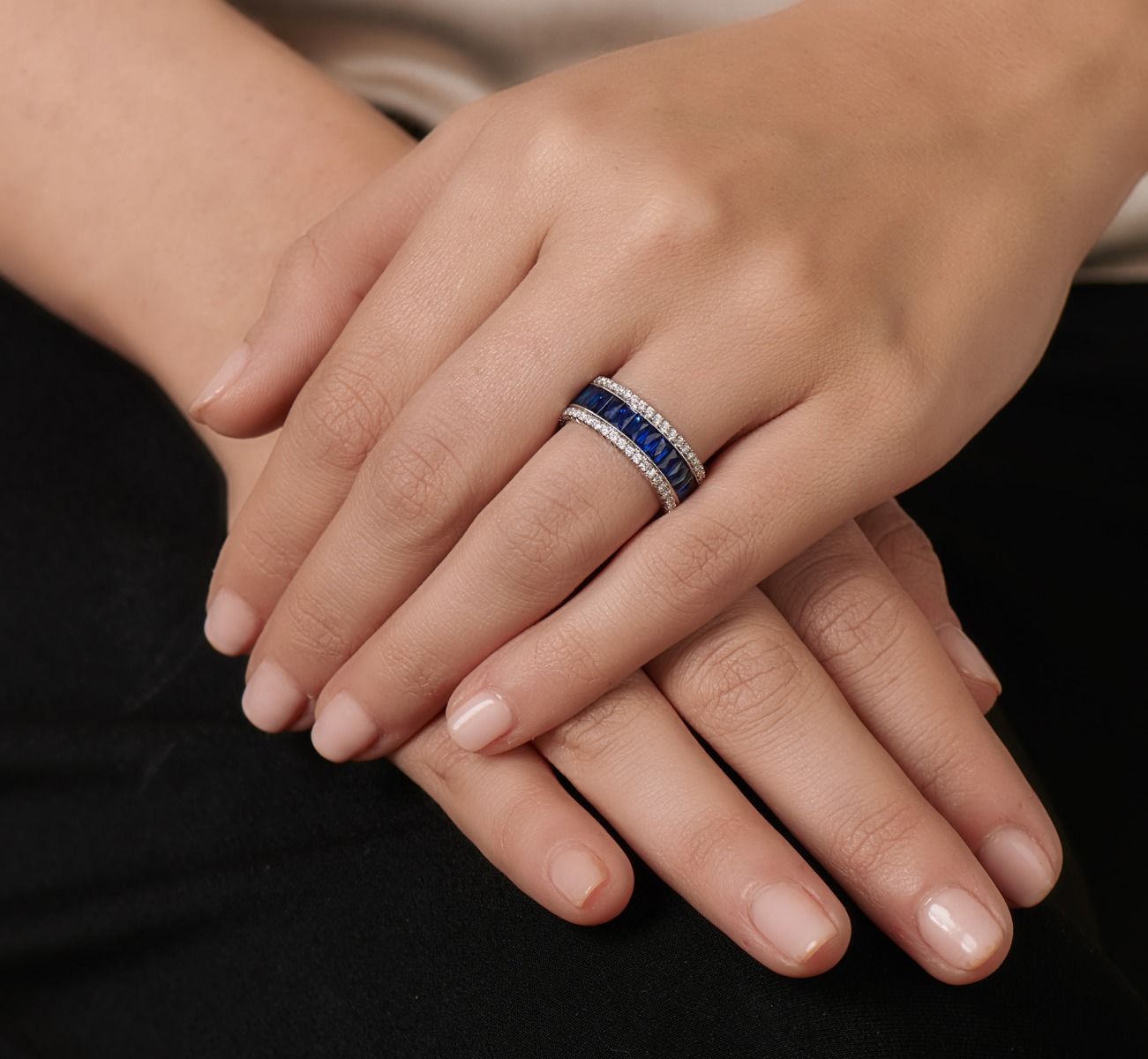 SAPPHIRE AND DIAMOND PLATINUM ETERNITY BAND
