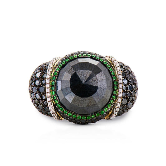 TSAVORITE AND BLACK DIAMOND, 18K WHITE GOLD RING