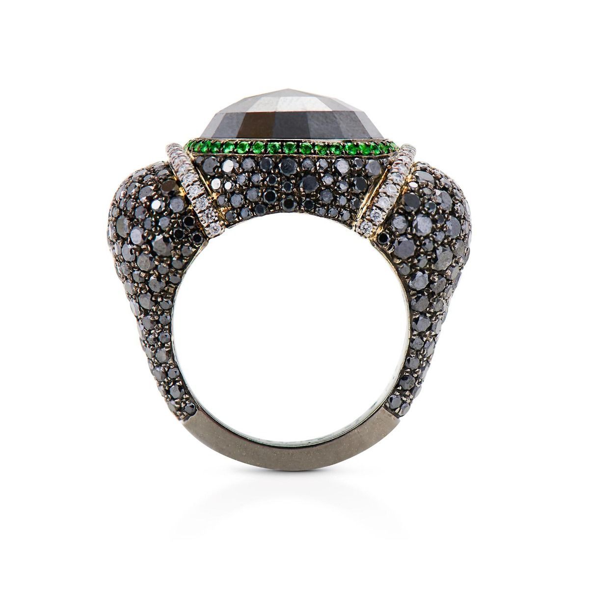 TSAVORITE AND BLACK DIAMOND, 18K WHITE GOLD RING