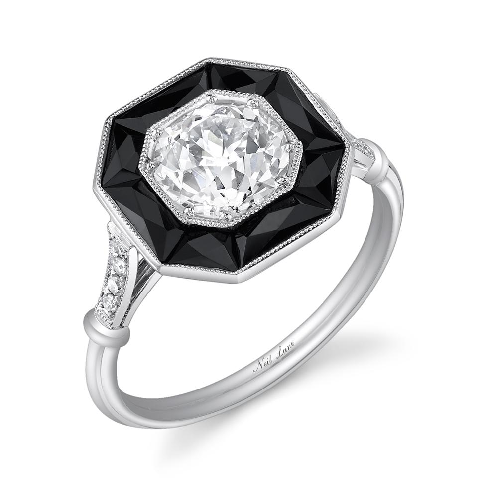 NEIL LANE OLD EUROPEAN-CUT DIAMOND, ONYX, PLATINUM RING